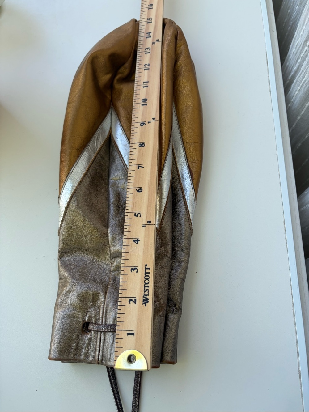 Vtg Holt Renfrew Metallic Leather Bucket Bag Italy Drawstring Patchwork 35" Y2K - Picture 12 of 13